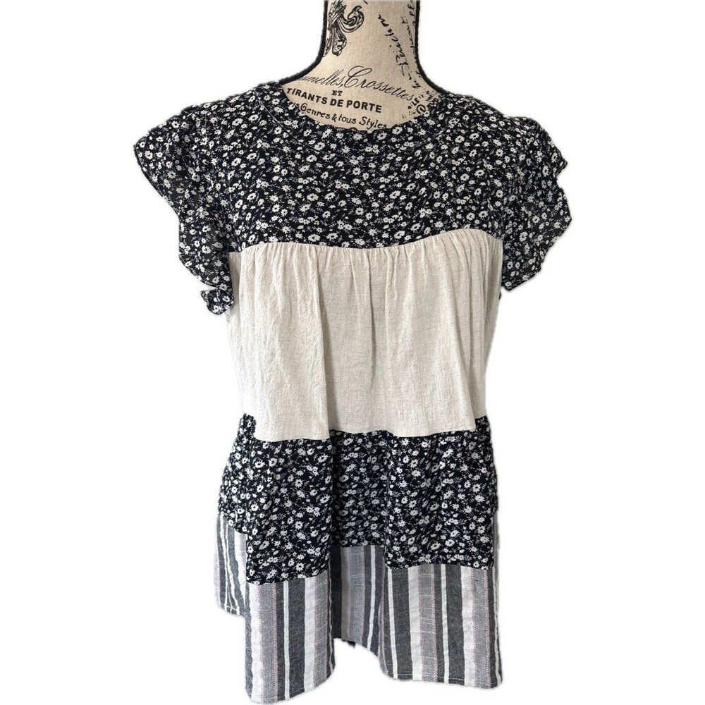 Entro medium Black Floral And Beige Color Black Blouse Neck Boho Hippie